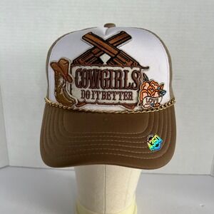 4350 District Cowgirls Do It Better Trucker Hat Tan White Gold Chain Snapback